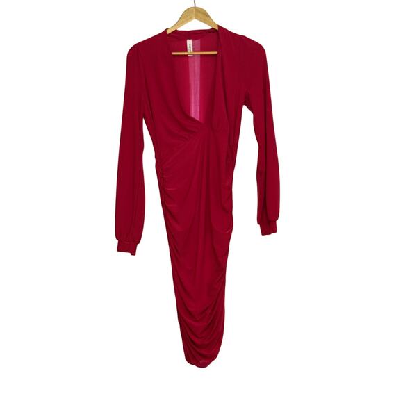 LAQueen Red Dress with Shirred Sides and Long Sleeves - Picture 1 of 3